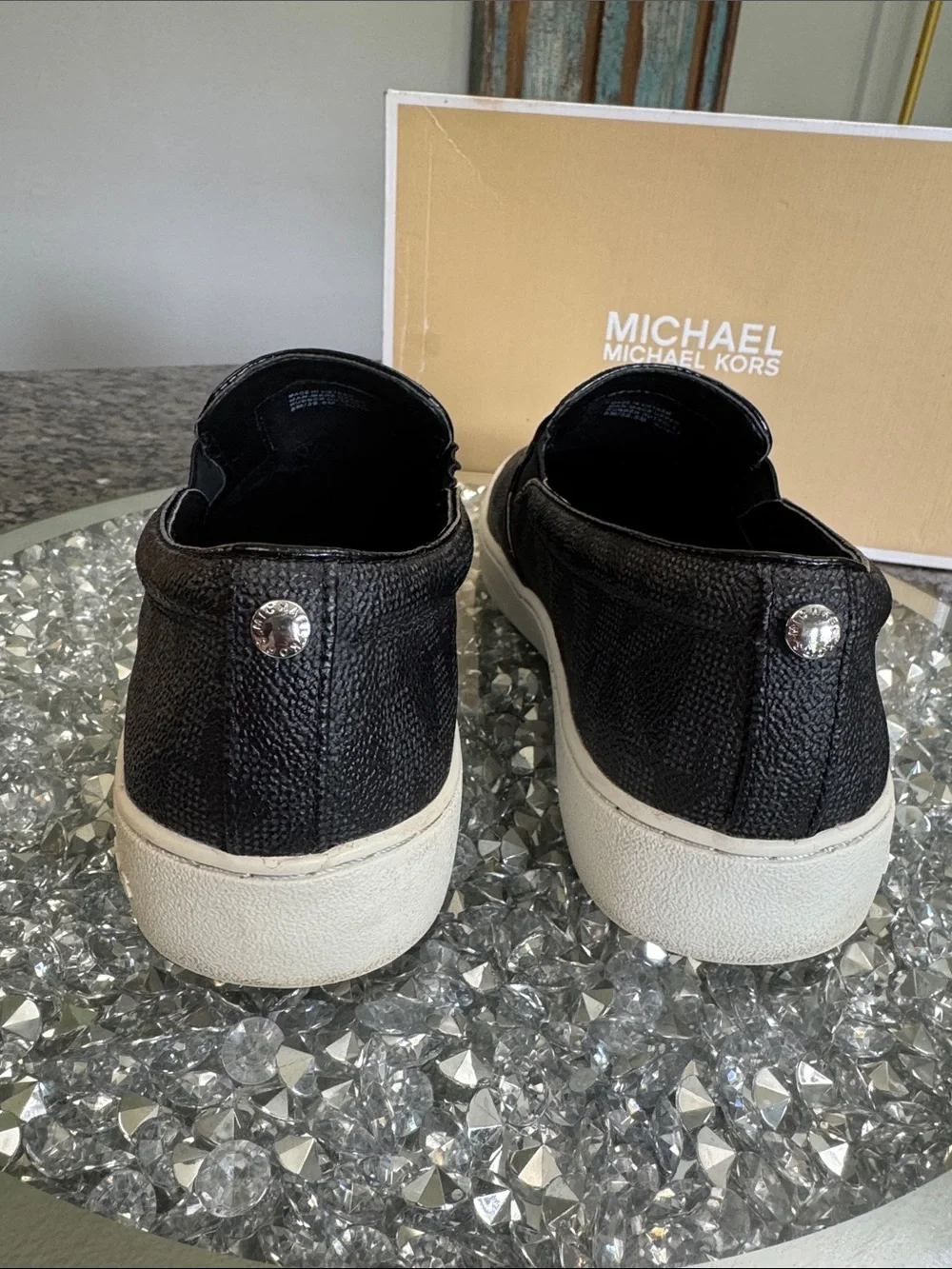 Michael Kors Black Logo-Print Slip-On Flats with White Sole